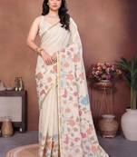 White linen printed saree with blouse