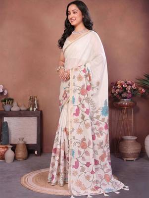 White linen printed saree with blouse 3