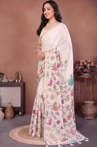 White linen printed saree with blouse