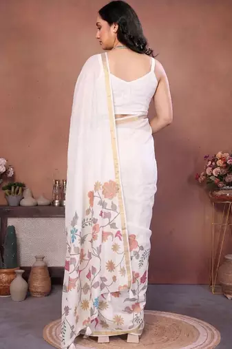 White linen printed saree with blouse