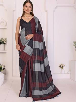 Multicolor linen striped saree with blouse 1