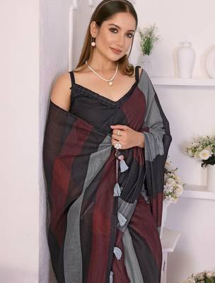 Multicolor linen striped saree with blouse 2