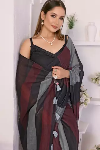 Multicolor linen striped saree with blouse