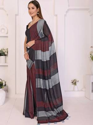 Multicolor linen striped saree with blouse 3