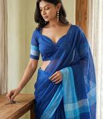 Blue linen printed saree with blouse