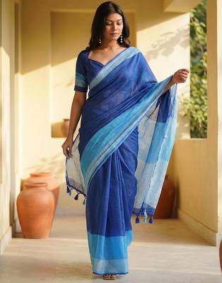 Blue linen printed saree with blouse 2