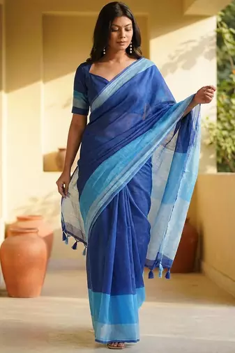 Blue linen printed saree with blouse