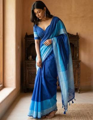 Blue linen printed saree with blouse 4