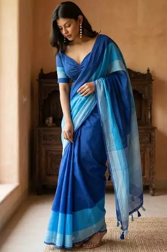 Blue linen printed saree with blouse
