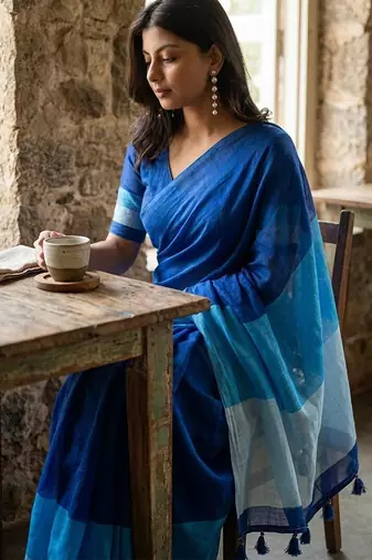 Blue linen printed saree with blouse
