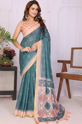 Teal linen printed saree with blouse