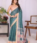 Teal linen printed saree with blouse