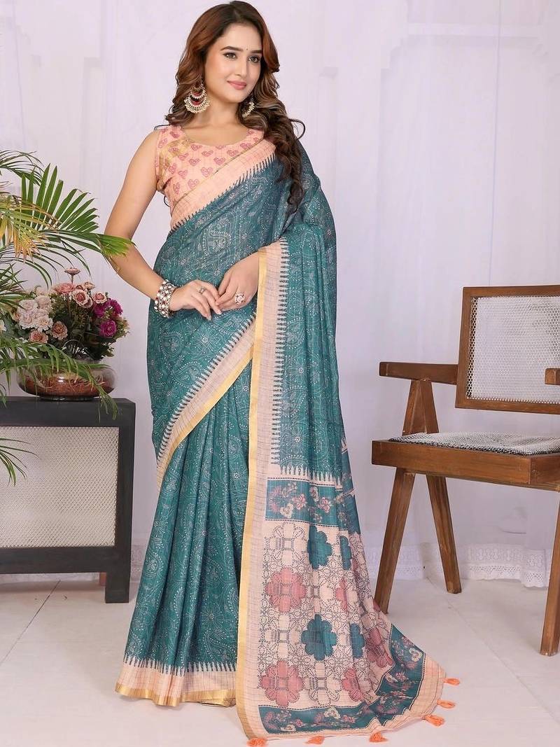 Teal linen printed saree with blouse
