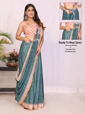 Teal linen printed saree with blouse 2