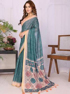 Teal linen printed saree with blouse 3