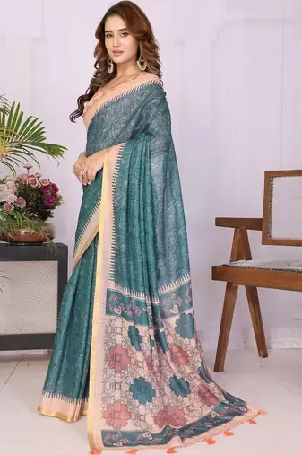 Teal linen printed saree with blouse