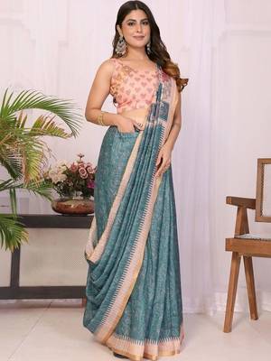 Teal linen printed saree with blouse 5