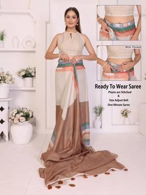 Brown linen striped saree with blouse 2