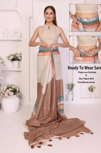 Brown linen striped saree with blouse