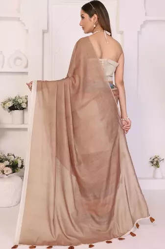 Brown linen striped saree with blouse