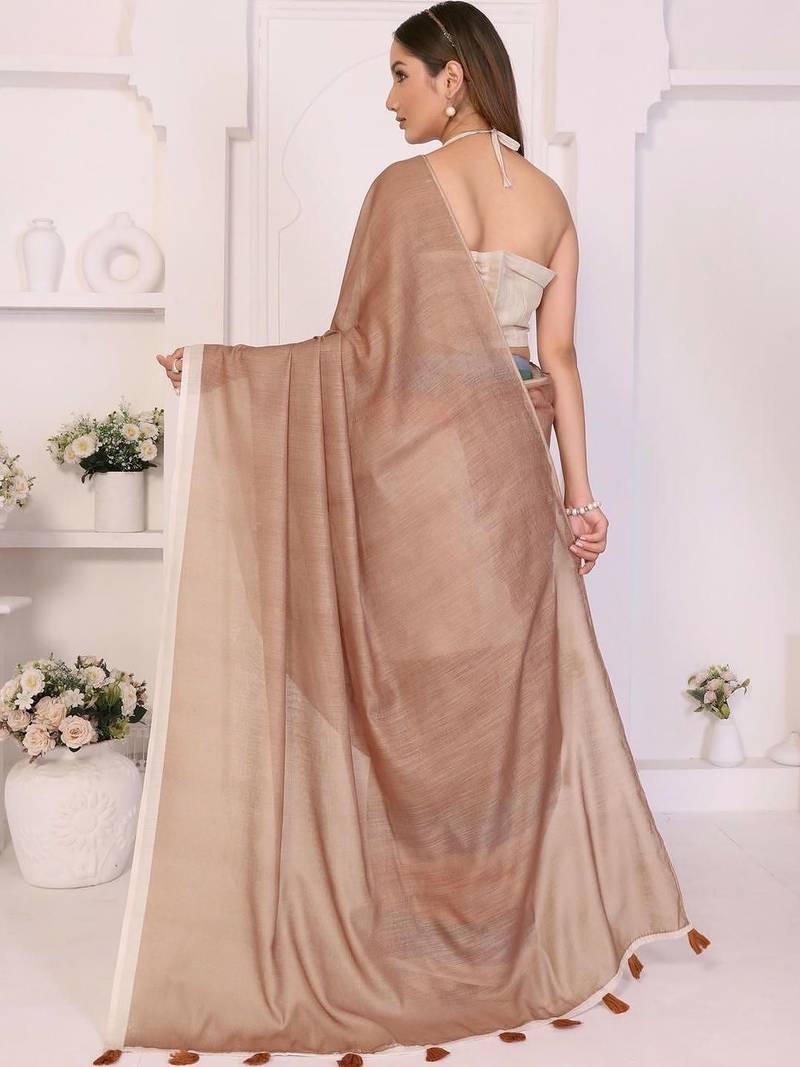 Brown linen striped saree with blouse