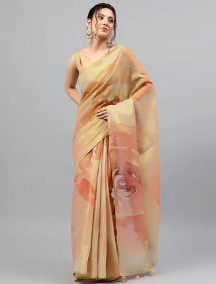 Beige tissue printed saree with blouse 1