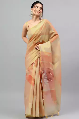 Beige tissue printed saree with blouse