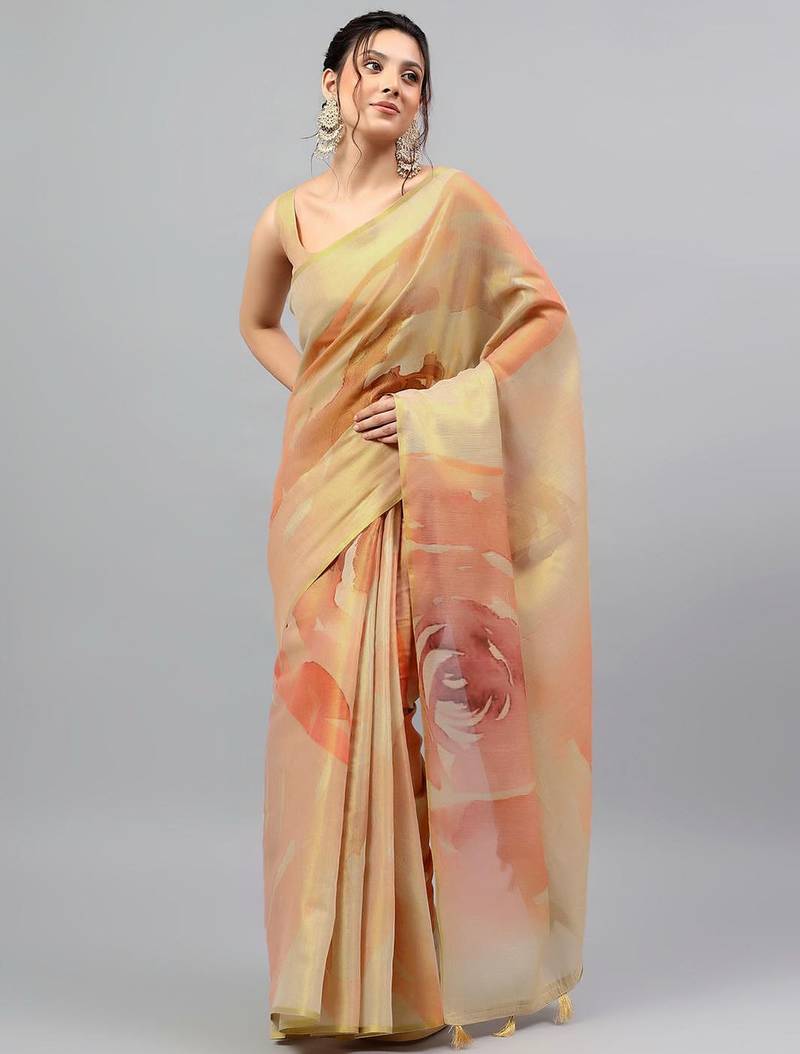 Beige tissue printed saree with blouse