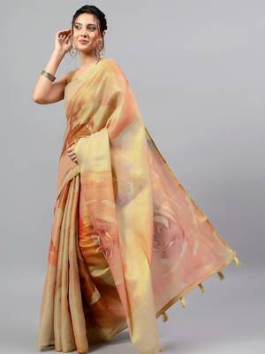 Beige tissue printed saree with blouse 2
