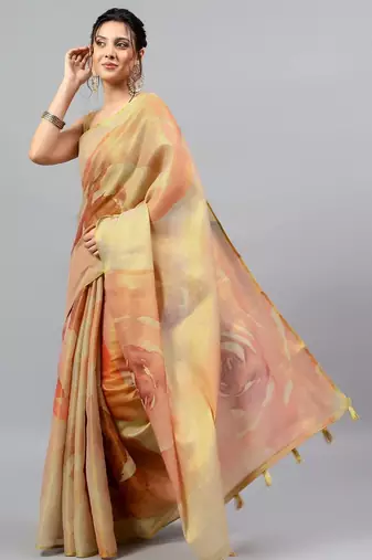Beige tissue printed saree with blouse