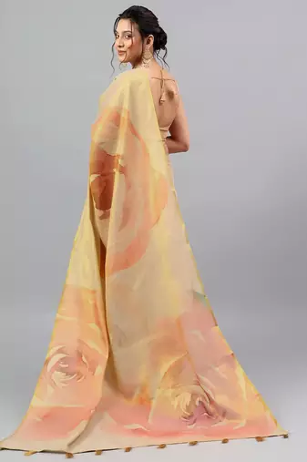 Beige tissue printed saree with blouse