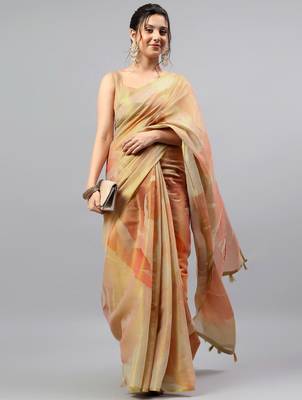 Beige tissue printed saree with blouse 4