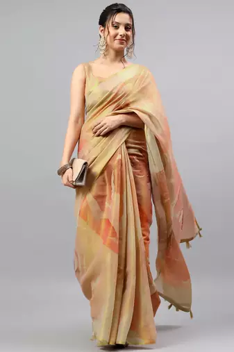 Beige tissue printed saree with blouse
