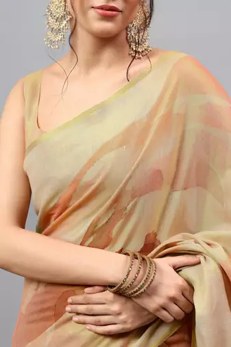 Beige tissue printed saree with blouse
