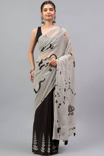Off white pure georgette printed saree with blouse