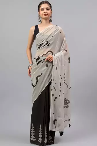 Off white pure georgette printed saree with blouse