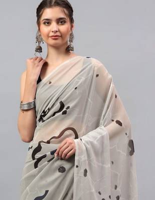 Off white pure georgette printed saree with blouse 2