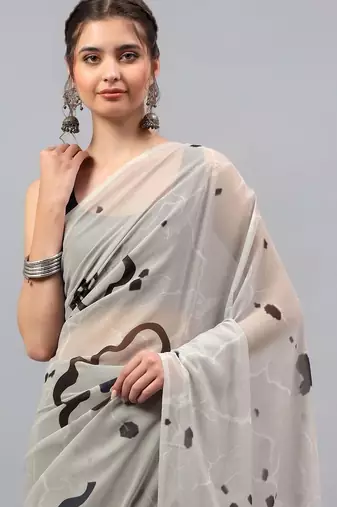 Off white pure georgette printed saree with blouse
