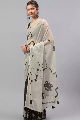 Off white pure georgette printed saree with blouse