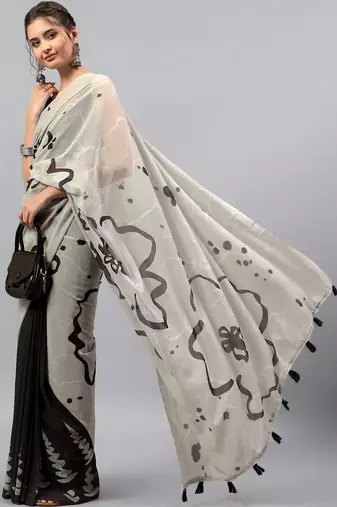 Off white pure georgette printed saree with blouse