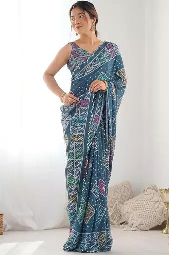 Teal pure georgette printed saree with blouse