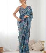 Teal pure georgette printed saree with blouse