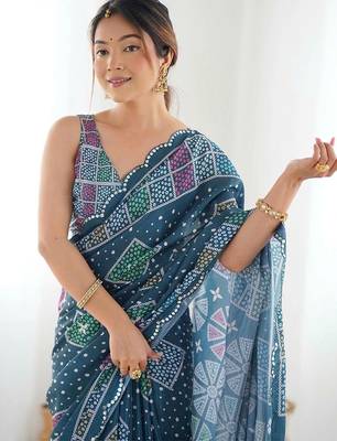 Teal pure georgette printed saree with blouse 2