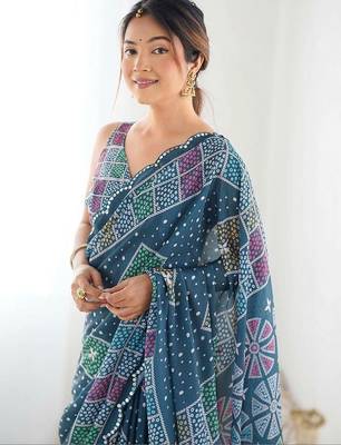 Teal pure georgette printed saree with blouse 3