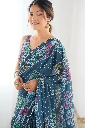 Teal pure georgette printed saree with blouse