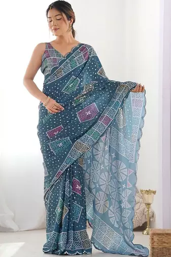Teal pure georgette printed saree with blouse