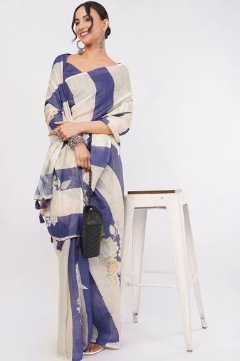 Multicolor pure linen printed saree with blouse
