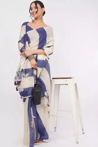 Multicolor pure linen printed saree with blouse