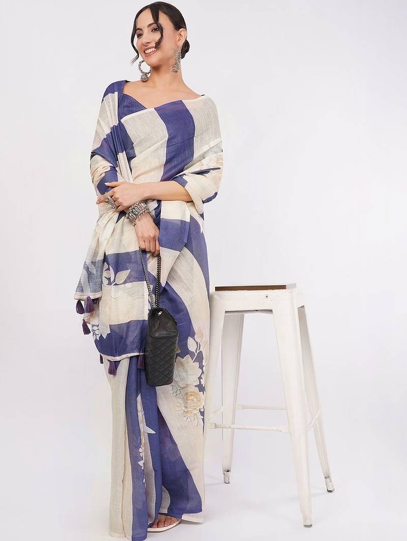 Multicolor pure linen printed saree with blouse