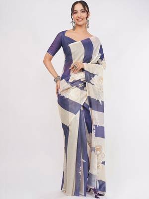 Multicolor pure linen printed saree with blouse 2